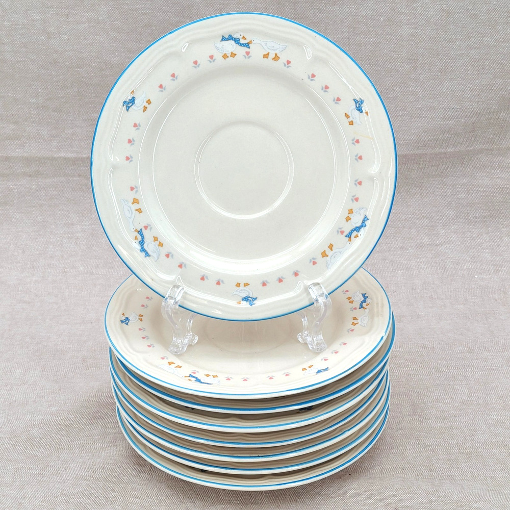 Set of 8 Vintage Brick Oven Aunt Rhody Country Goose w/ Blue Bow Coffee Saucers